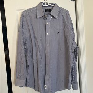 Nautica Men's Navy and White Pinstripe Shirt